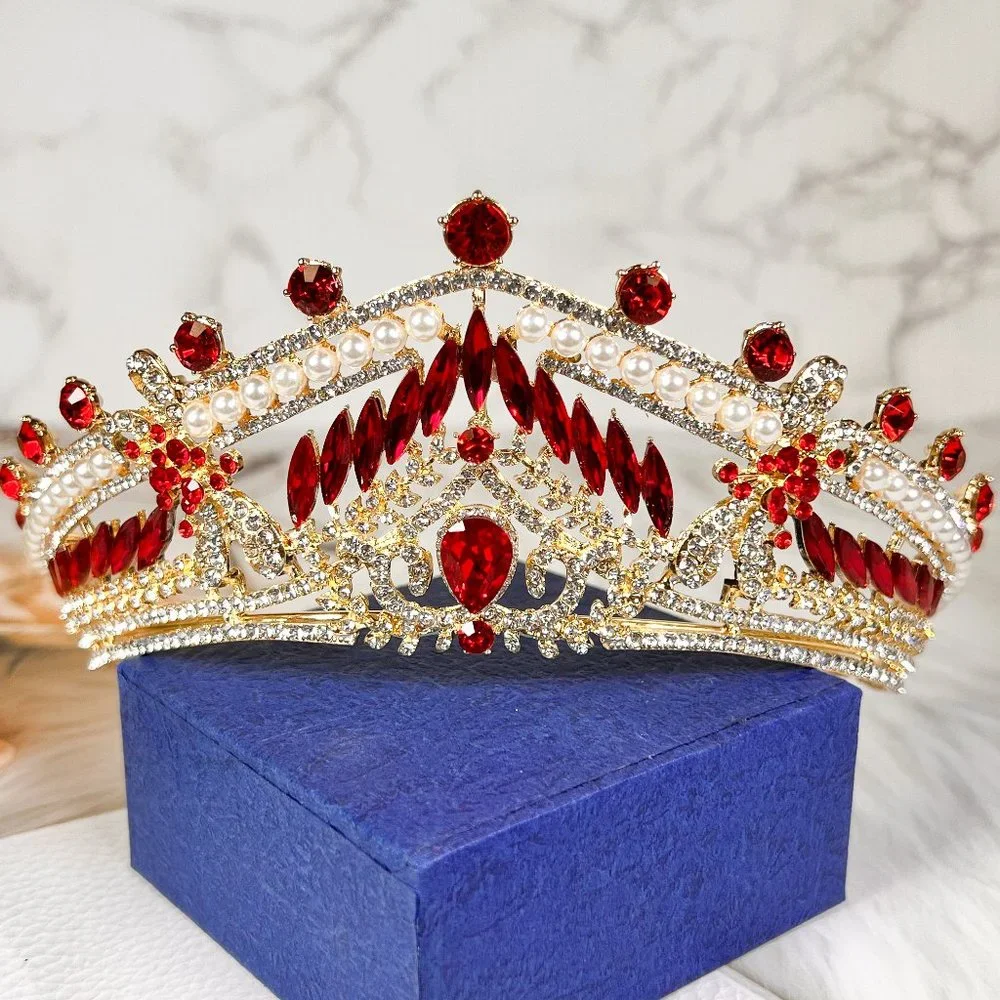 Elegant Gold Tiara for Ladies, Glamorous Crystal Red Crown, Hair Accessories - Picture 1 of 5